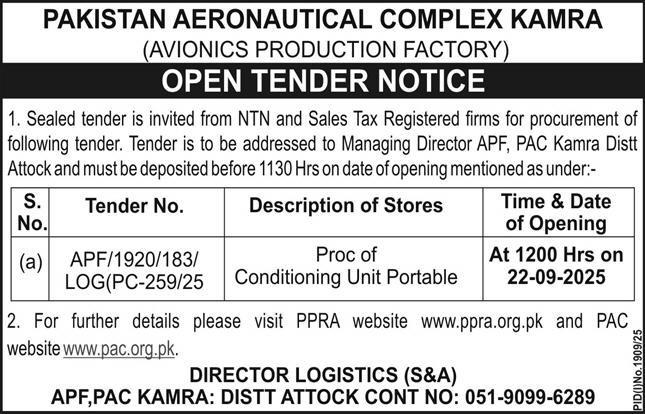 Pakistan Aeronautical Complex Kamra Tender Notice